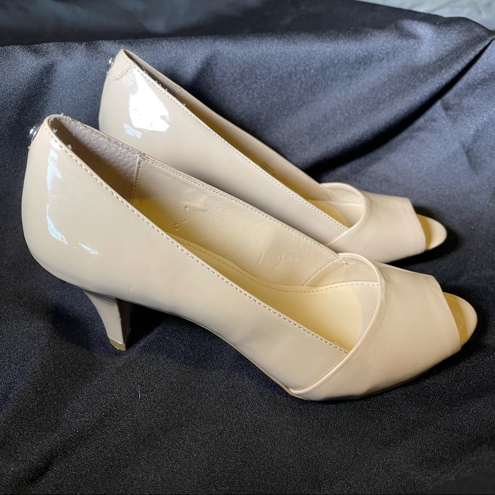 Calvin Klein Nude Patent Parisa Open Toe Heels